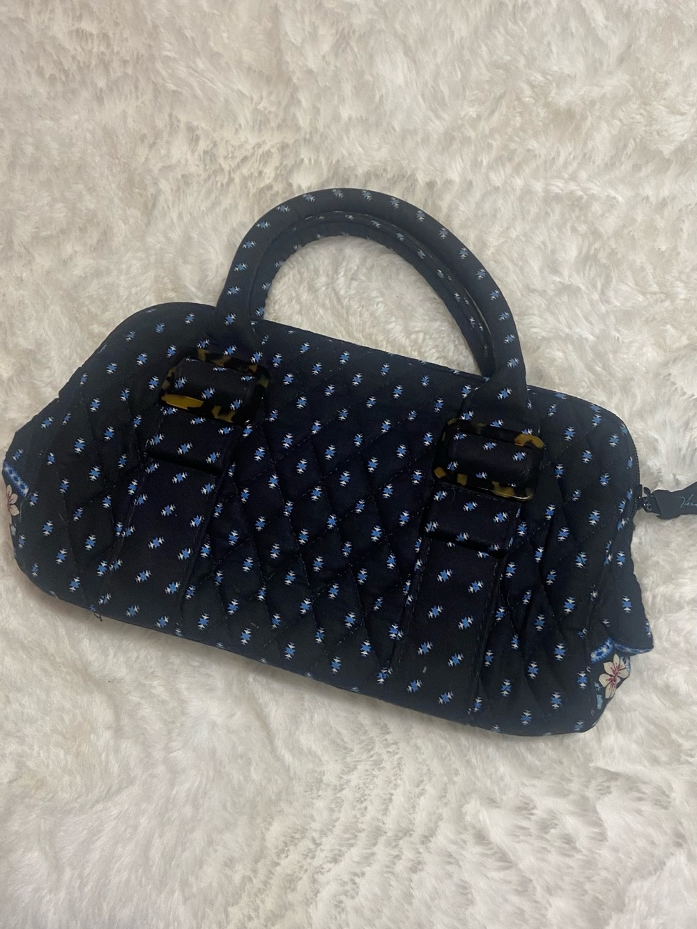 Vintage Vera Bradley Navy Quilted Mini Satchel with Light Blue Dot Print